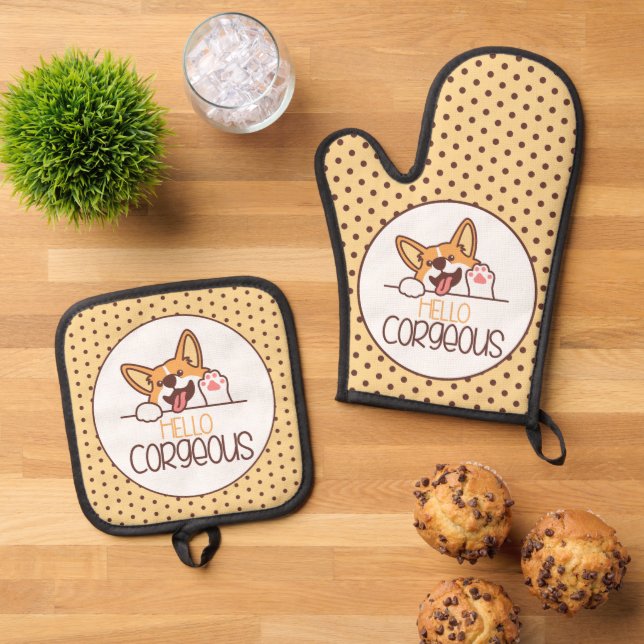 Cute Hello Corgi Dog Oven Mitt & Pot Holder Set (Top Down)