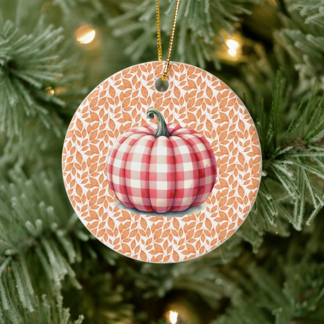 Cute hello fall plaid pumpkin ceramic ornament (Tree)