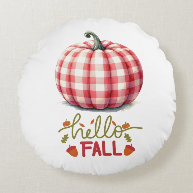 Cute hello fall plaid pumpkin round cushion (Front)