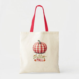 Cute hello fall plaid pumpkin tote bag