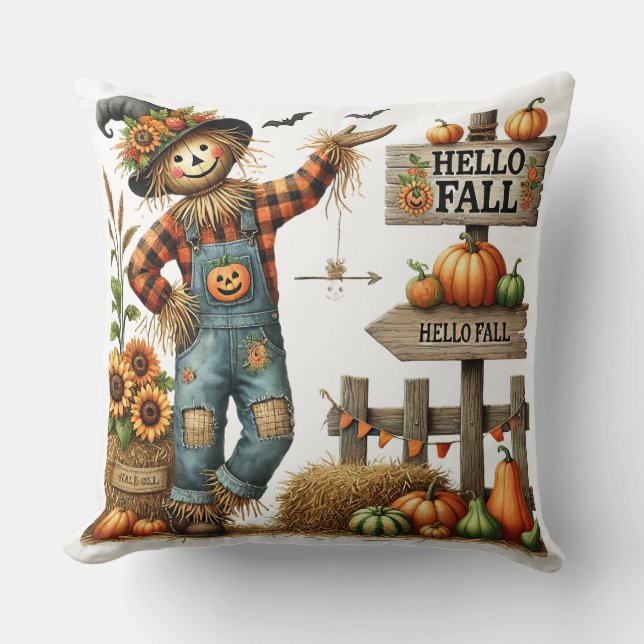 Cute "Hello Fall" Scarecrow Throw Pillow (Front)