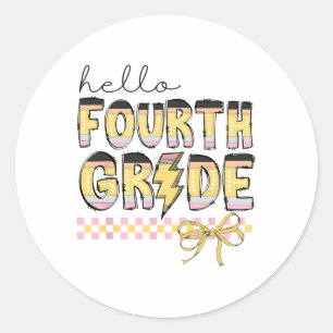 Cute Hello Fourth Grade Pencil Bow Back To School Classic Round Sticker