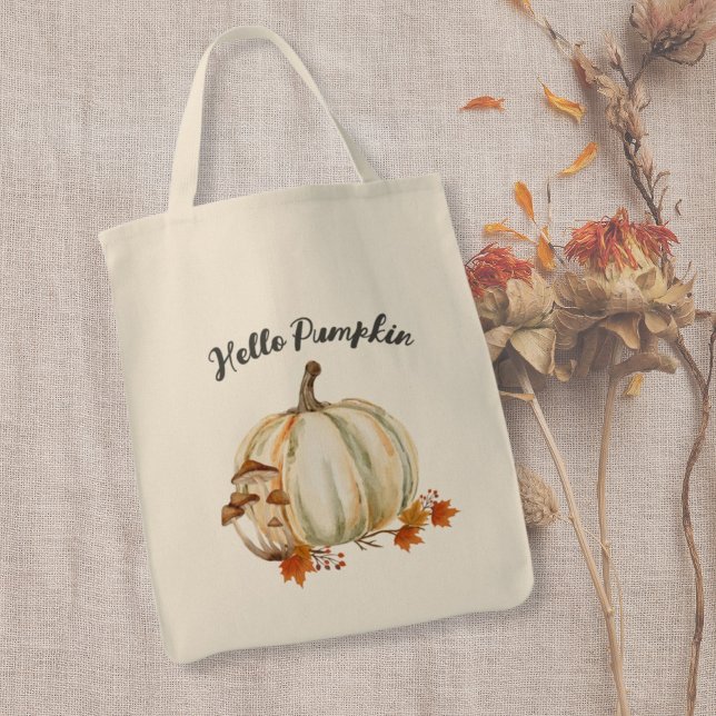 Cute Hello Pumpkin Mushroom Cozy Fall Leaves Tote Bag (hello pumpkin cosy fall tote bag)