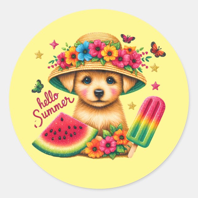 Cute hello Summer dog Classic Round Sticker (Front)