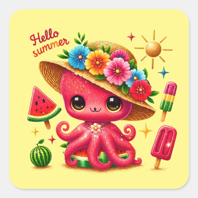 Cute hello Summer octopus party Square Sticker (Front)