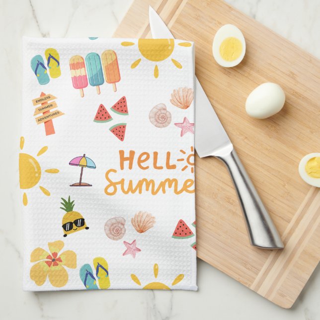 Cute Hello Summer Seamless Pattern Tea Towel (Quarter Fold)