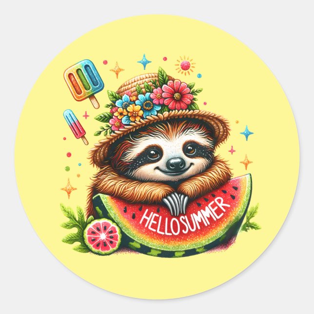 Cute hello Summer sloth  Classic Round Sticker (Front)