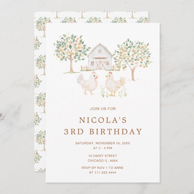 Cute Hens Farm Barn Birthday Party Invitation (Front/Back)