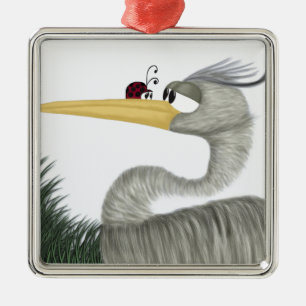 Cute Heron and Ladybug Metal Ornament