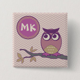 Cute Herringbone Owl Trendy Orchid Purple Moon 15 Cm Square Badge