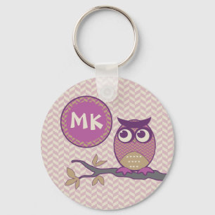 Cute Herringbone Owl Trendy Orchid Purple Moon Key Ring