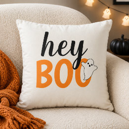 Cute Hey Boo Orange Ghost White Halloween Cushion