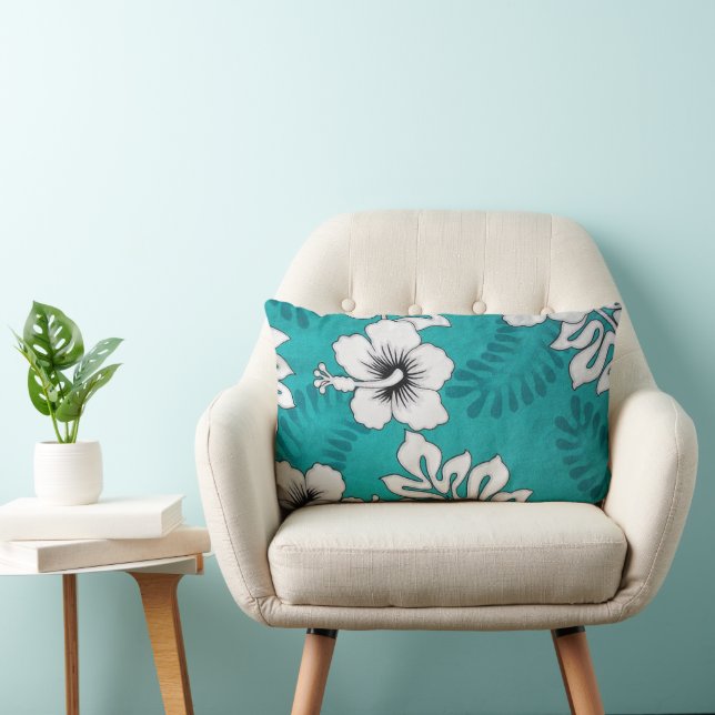 Cute Hibiscus Floral Art Pattern Aqua Turquoise Lumbar Cushion (Chair)