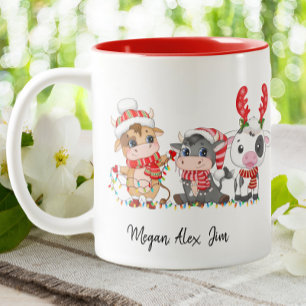 Cute Highland 3 Cows Calf Christmas Santa Hat Two-Tone Coffee Mug