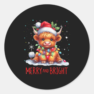 Cute Highland Baby Cow Christmas Lights Merry & Classic Round Sticker