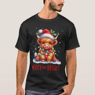 Cute Highland Baby Cow Christmas Lights Merry &amp T-Shirt