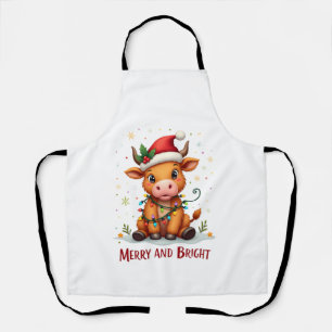 Cute Highland Baby Cow Christmas Lights Merry & Br Apron