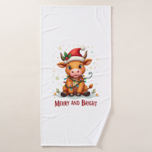 Cute Highland Baby Cow Christmas Lights Merry & Br Bath Towel