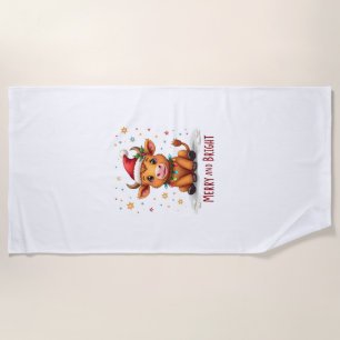 Cute Highland Baby Cow Christmas Lights Merry & Br Beach Towel