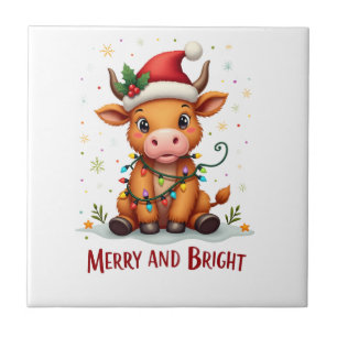 Cute Highland Baby Cow Christmas Lights Merry & Br Ceramic Tile