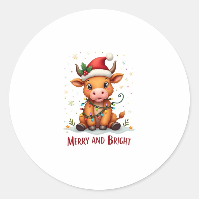 Cute Highland Baby Cow Christmas Lights Merry & Br Classic Round Sticker (Front)