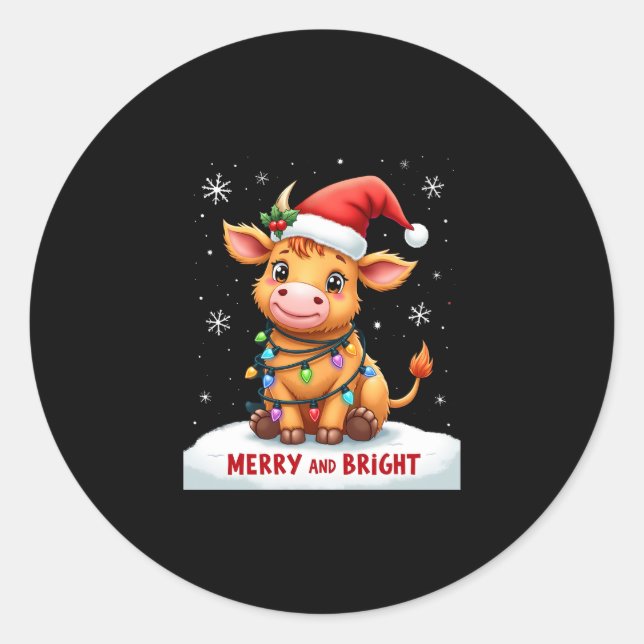 Cute Highland Baby Cow Christmas Lights Merry & Br Classic Round Sticker (Front)