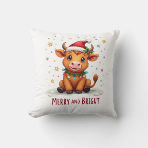 Cute Highland Baby Cow Christmas Lights Merry & Br Cushion