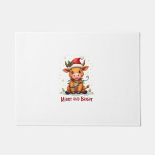 Cute Highland Baby Cow Christmas Lights Merry & Br Doormat