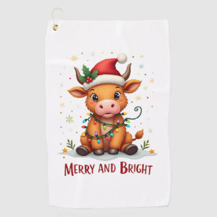 Cute Highland Baby Cow Christmas Lights Merry & Br Golf Towel