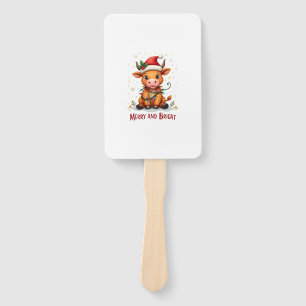 Cute Highland Baby Cow Christmas Lights Merry & Br Hand Fan
