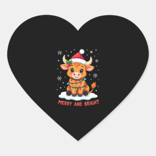 Cute Highland Baby Cow Christmas Lights Merry & Br Heart Sticker