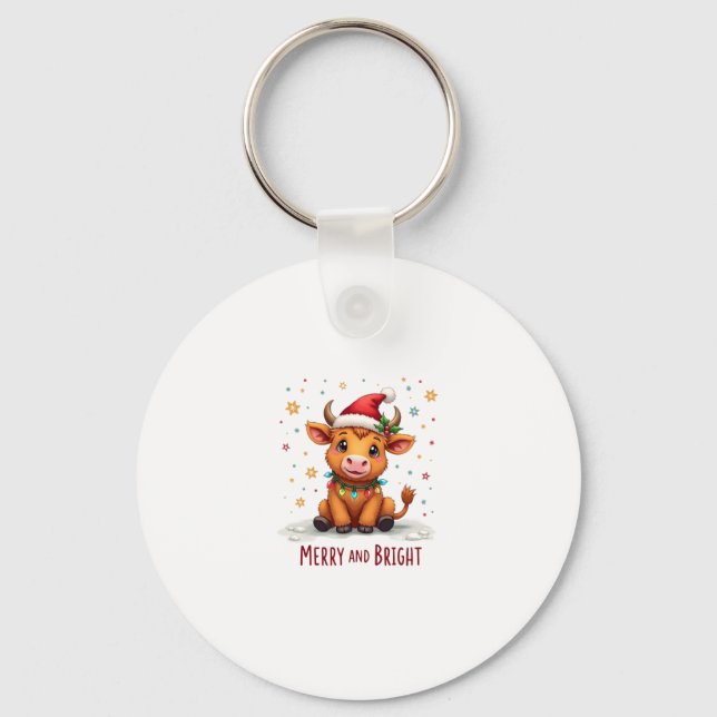 Cute Highland Baby Cow Christmas Lights Merry & Br Key Ring (Front)