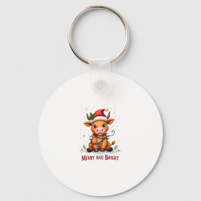 Cute Highland Baby Cow Christmas Lights Merry & Br Key Ring (Front)