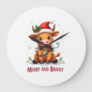 Cute Highland Baby Cow Christmas Lights Merry & Br Large Clock