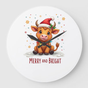 Cute Highland Baby Cow Christmas Lights Merry & Br Large Clock