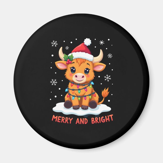 Cute Highland Baby Cow Christmas Lights Merry & Br Magnet (Front)