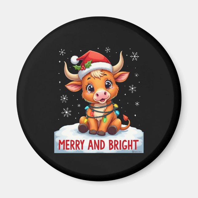 Cute Highland Baby Cow Christmas Lights Merry & Br Magnet (Front)