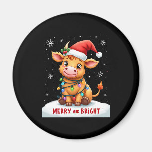 Cute Highland Baby Cow Christmas Lights Merry & Br Magnet