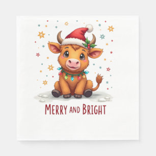 Cute Highland Baby Cow Christmas Lights Merry & Br Napkin