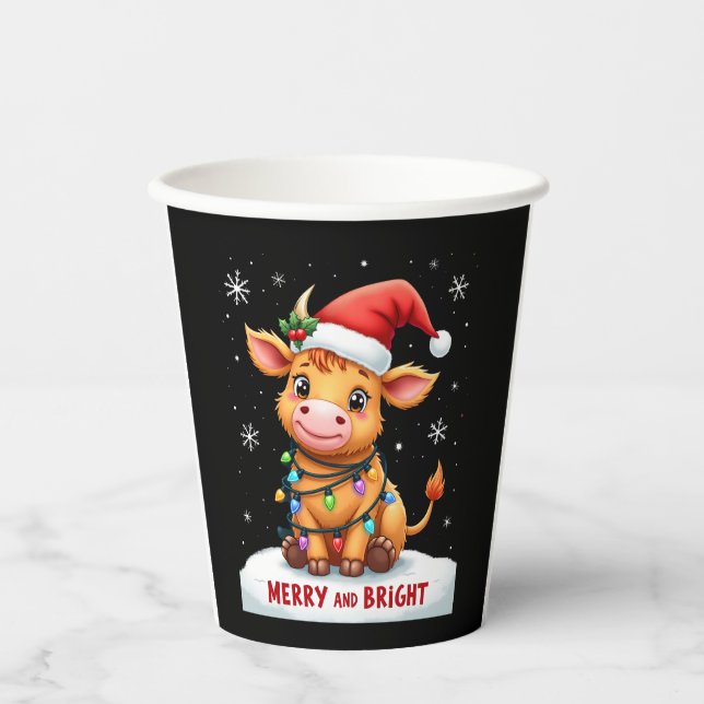 Cute Highland Baby Cow Christmas Lights Merry & Br Paper Cups (Front)