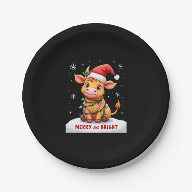 Cute Highland Baby Cow Christmas Lights Merry & Br Paper Plate (Front)