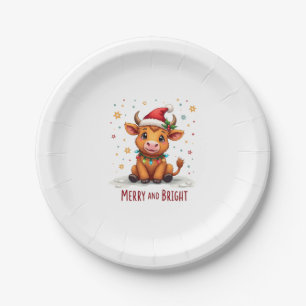 Cute Highland Baby Cow Christmas Lights Merry & Br Paper Plate