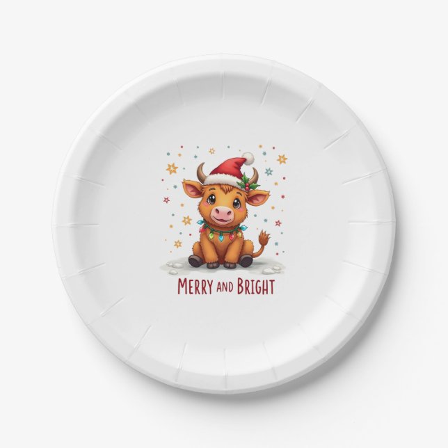 Cute Highland Baby Cow Christmas Lights Merry & Br Paper Plate (Front)