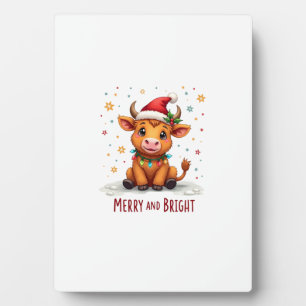 Cute Highland Baby Cow Christmas Lights Merry & Br Plaque