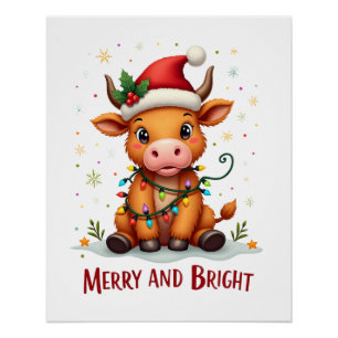 Cute Highland Baby Cow Christmas Lights Merry & Br Poster