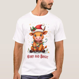 Cute Highland Baby Cow Christmas Lights Merry & Br T-Shirt