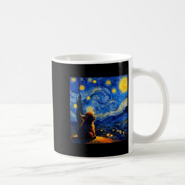 Cute Highland Baby Cow Graphic Van Gogh Style Star Coffee Mug (Right)