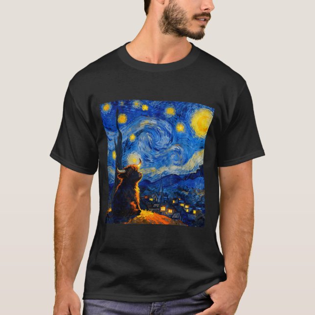 Cute Highland Baby Cow Graphic Van Gogh Style Star T-Shirt (Front)