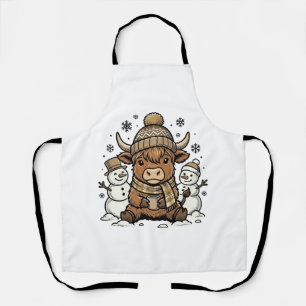 Cute Highland Calf Snowman Winter Shirt Design_1 Apron