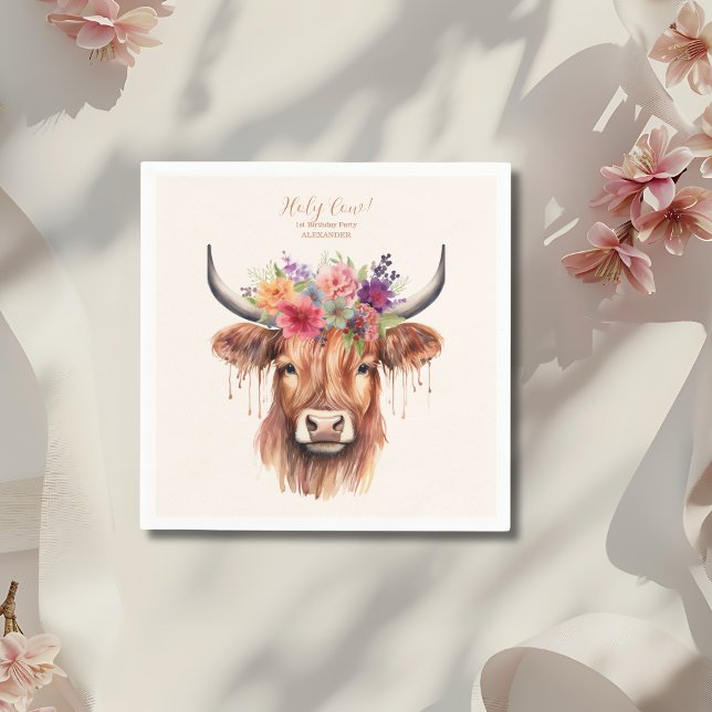 Cute Highland Cow 1st Birthday Napkin (Creator Uploaded)